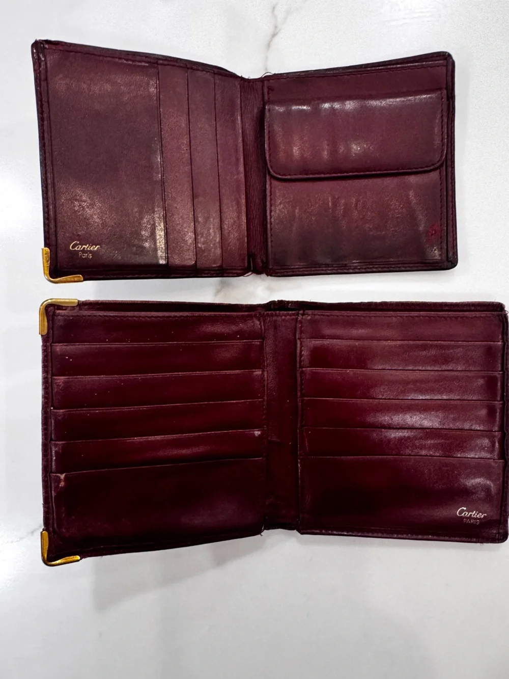TWO!!! Cartier Men's Bifold Wallets in Burgundy with Gold Corner Accents